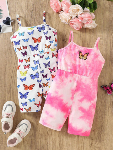 Young Girl Knitted Tie-Dye Butterfly Pattern Tank Top Romper With Sports Shorts Set