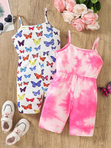 Young Girl Knitted Tie-Dye Butterfly Pattern Tank Top Romper With Sports Shorts Set
