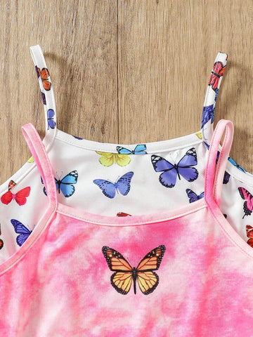 Young Girl Knitted Tie-Dye Butterfly Pattern Tank Top Romper With Sports Shorts Set