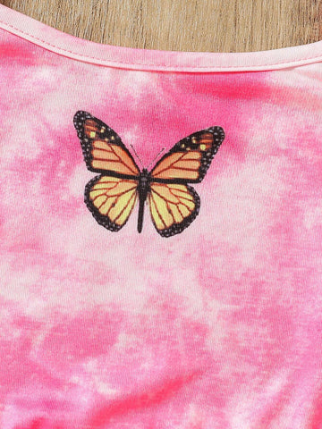 Young Girl Knitted Tie-Dye Butterfly Pattern Tank Top Romper With Sports Shorts Set