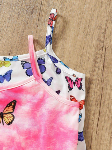 Young Girl Knitted Tie-Dye Butterfly Pattern Tank Top Romper With Sports Shorts Set