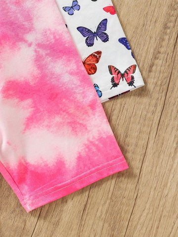 Young Girl Knitted Tie-Dye Butterfly Pattern Tank Top Romper With Sports Shorts Set