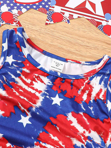 Young Girl Knitted Tie-Dye Round Neck Sleeveless Pleated Casual Dress