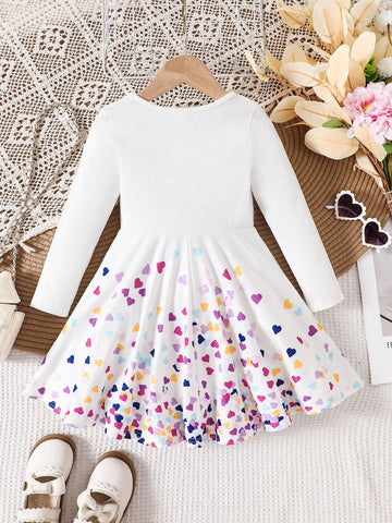 Young Girl Knitted Unicorn Colorful Heart Pattern White Dress, Fall, Winter