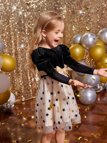 Young Girl Knitting Solid Color Round Neck Patchwork Chiffon Fitted Casual Dress