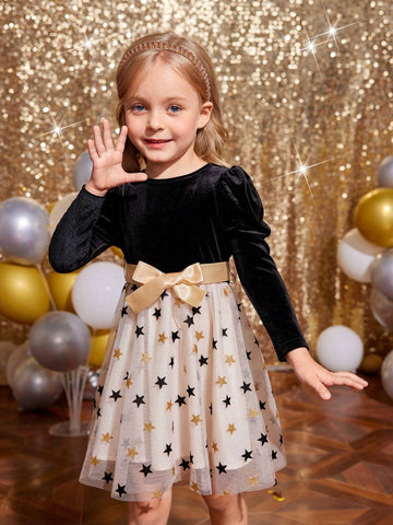Young Girl Knitting Solid Color Round Neck Patchwork Chiffon Fitted Casual Dress