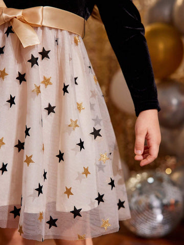 Young Girl Knitting Solid Color Round Neck Patchwork Chiffon Fitted Casual Dress