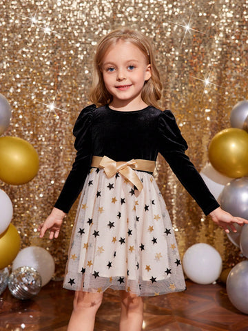 Young Girl Knitting Solid Color Round Neck Patchwork Chiffon Fitted Casual Dress