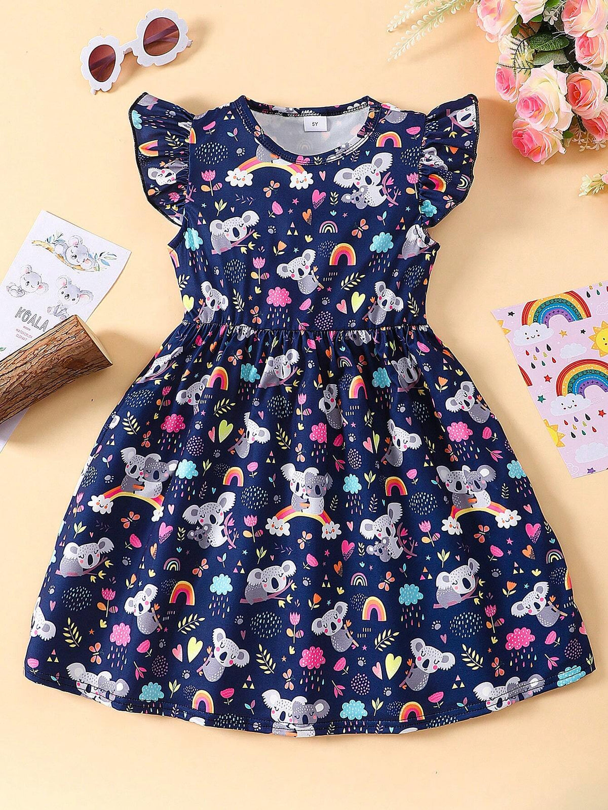 Young Girl Koala Animal Printed Round Neck Ruffle Decoration Cute Dress