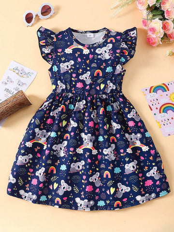 Young Girl Koala Animal Printed Round Neck Ruffle Decoration Cute Dress
