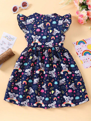 Young Girl Koala Animal Printed Round Neck Ruffle Decoration Cute Dress
