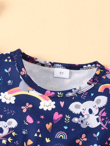 Young Girl Koala Animal Printed Round Neck Ruffle Decoration Cute Dress