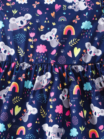 Young Girl Koala Animal Printed Round Neck Ruffle Decoration Cute Dress