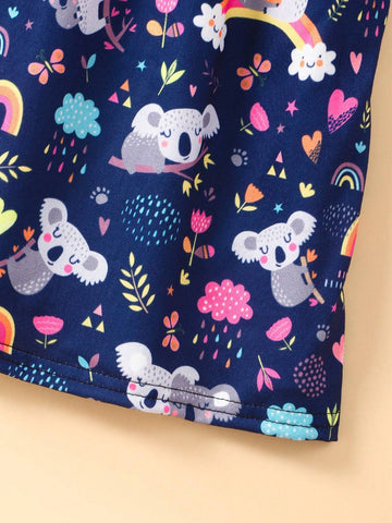 Young Girl Koala Animal Printed Round Neck Ruffle Decoration Cute Dress