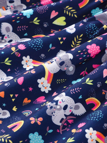 Young Girl Koala Animal Printed Round Neck Ruffle Decoration Cute Dress