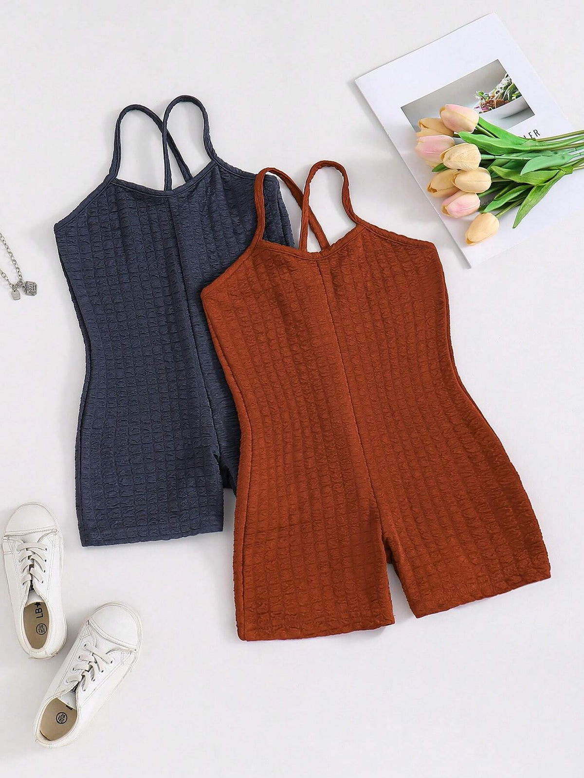 Young Girl Korean Style Striped Knitted Jumpsuit With Spaghetti Straps, Beach Vacation, Spring/Summer