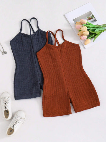 Young Girl Korean Style Striped Knitted Jumpsuit With Spaghetti Straps, Beach Vacation, Spring/Summer