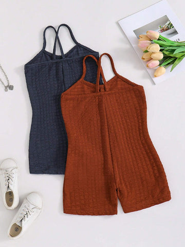 Young Girl Korean Style Striped Knitted Jumpsuit With Spaghetti Straps, Beach Vacation, Spring/Summer