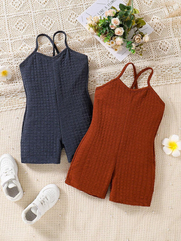 Young Girl Korean Style Striped Knitted Jumpsuit With Spaghetti Straps, Beach Vacation, Spring/Summer