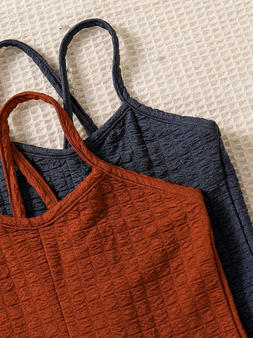 Young Girl Korean Style Striped Knitted Jumpsuit With Spaghetti Straps, Beach Vacation, Spring/Summer