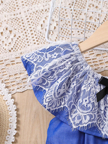 Young Girl Lace Off-Shoulder Frill Hem Dress, 1-6 Years, Denim-Like, Casual, Fashionable, Bowknot, Elastic Waistline And Fringes