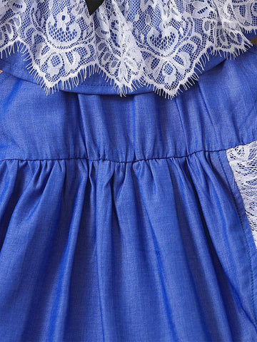 Young Girl Lace Off-Shoulder Frill Hem Dress, 1-6 Years, Denim-Like, Casual, Fashionable, Bowknot, Elastic Waistline And Fringes