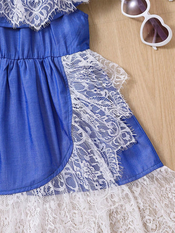 Young Girl Lace Off-Shoulder Frill Hem Dress, 1-6 Years, Denim-Like, Casual, Fashionable, Bowknot, Elastic Waistline And Fringes
