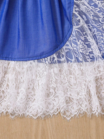 Young Girl Lace Off-Shoulder Frill Hem Dress, 1-6 Years, Denim-Like, Casual, Fashionable, Bowknot, Elastic Waistline And Fringes