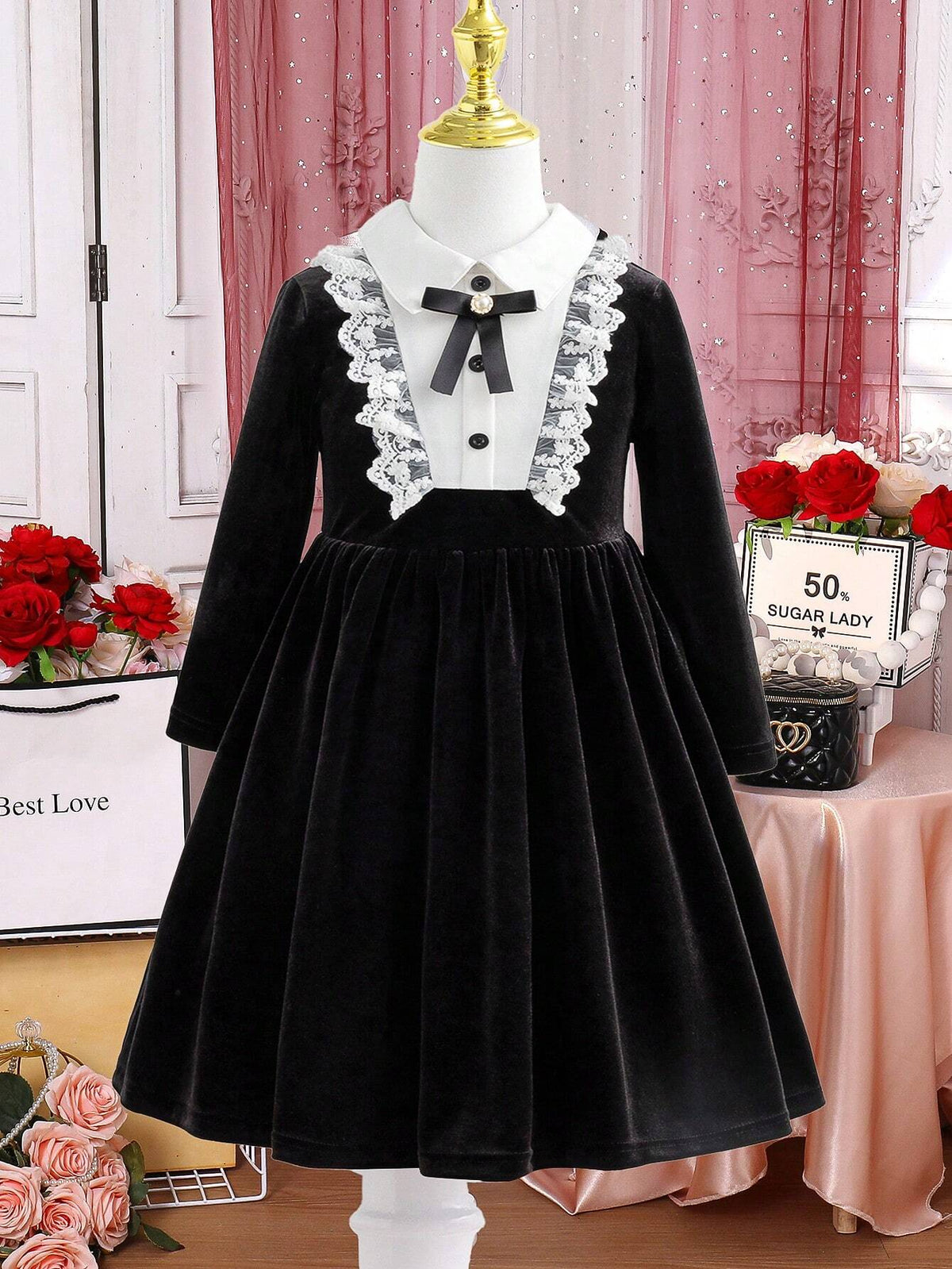 Young Girl Lace Patchwork Color Block Front Button Elegant Long Sleeve Dress