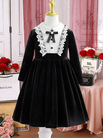 Young Girl Lace Patchwork Color Block Front Button Elegant Long Sleeve Dress