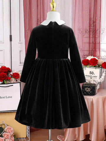 Young Girl Lace Patchwork Color Block Front Button Elegant Long Sleeve Dress