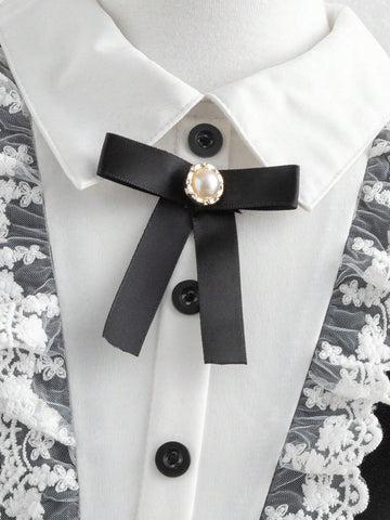 Young Girl Lace Patchwork Color Block Front Button Elegant Long Sleeve Dress