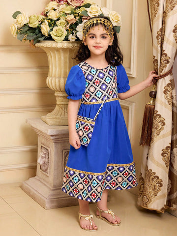 Young Girl Lantern Sleeve Printed Dress With Matching Belt & Pouch Bag, Long Dress For Summer