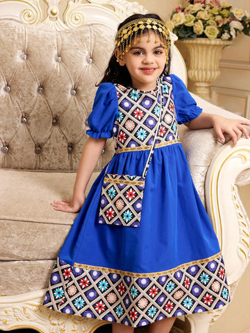 Young Girl Lantern Sleeve Printed Dress With Matching Belt & Pouch Bag, Long Dress For Summer