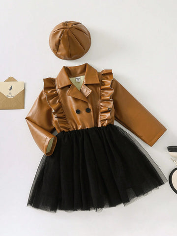Young Girl Lapel Button Ruffle Trim Long Sleeve Elegant Dress