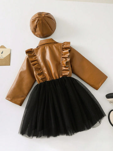 Young Girl Lapel Button Ruffle Trim Long Sleeve Elegant Dress