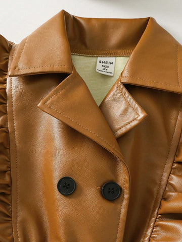 Young Girl Lapel Button Ruffle Trim Long Sleeve Elegant Dress