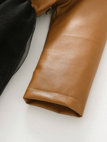 Young Girl Lapel Button Ruffle Trim Long Sleeve Elegant Dress