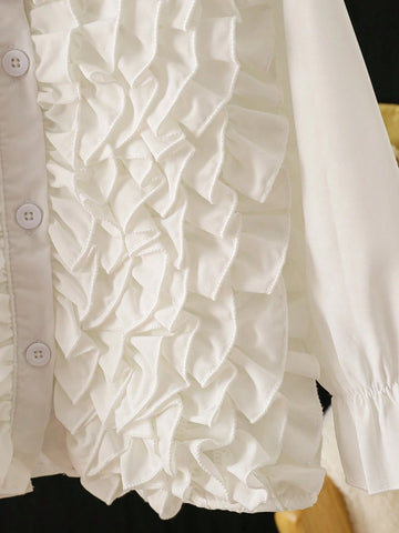 Young Girl Layered Ruffle Trim Long Sleeve Casual Blouse, Spring/Summer