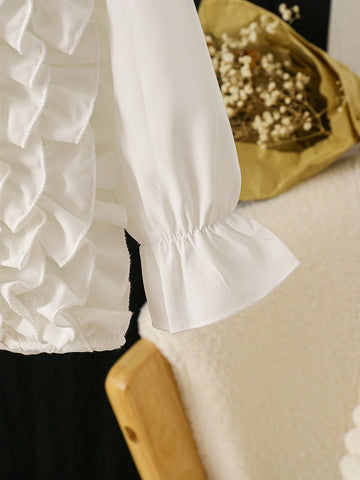Young Girl Layered Ruffle Trim Long Sleeve Casual Blouse, Spring/Summer