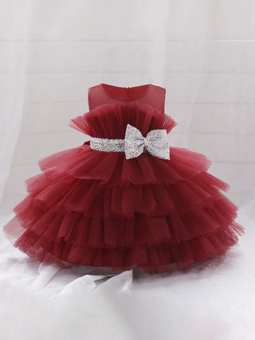 Young Girl' Layered Satin & Tulle Puffy Party Dress, Elegant For Birthday, Outdoor Party