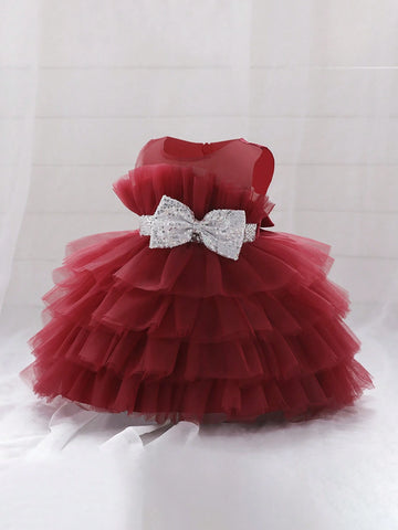 Young Girl' Layered Satin & Tulle Puffy Party Dress, Elegant For Birthday, Outdoor Party