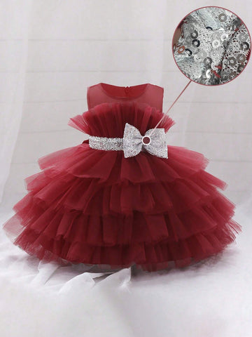 Young Girl' Layered Satin & Tulle Puffy Party Dress, Elegant For Birthday, Outdoor Party
