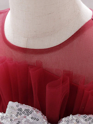 Young Girl' Layered Satin & Tulle Puffy Party Dress, Elegant For Birthday, Outdoor Party