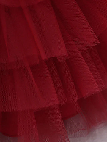 Young Girl' Layered Satin & Tulle Puffy Party Dress, Elegant For Birthday, Outdoor Party