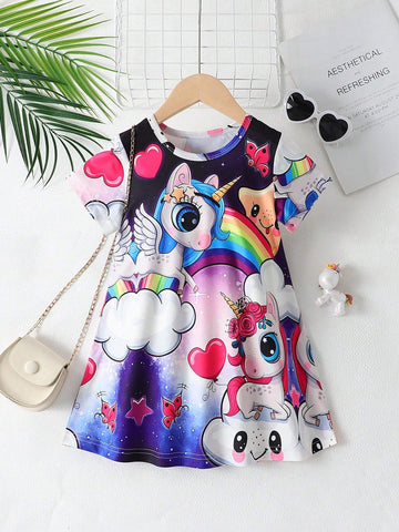Young Girl Leisure Cartoon Unicorn Print Tee Dress