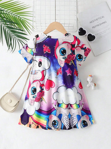 Young Girl Leisure Cartoon Unicorn Print Tee Dress