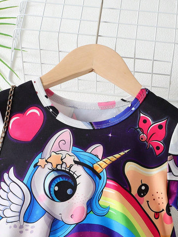 Young Girl Leisure Cartoon Unicorn Print Tee Dress