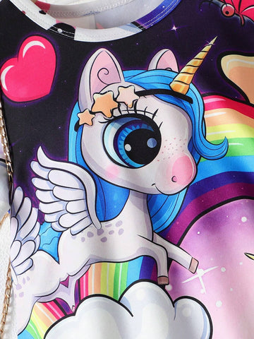 Young Girl Leisure Cartoon Unicorn Print Tee Dress