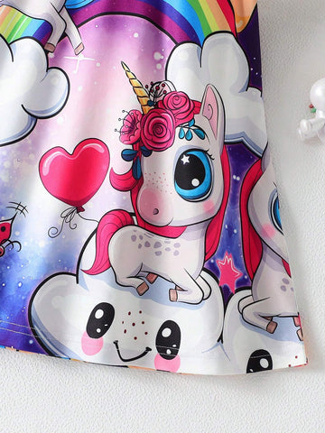 Young Girl Leisure Cartoon Unicorn Print Tee Dress